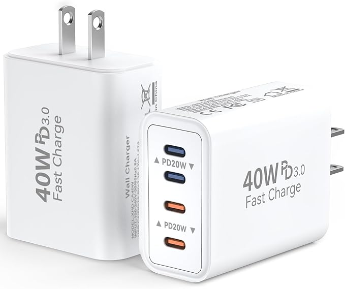 USB C Wall Fast Chargers Block, 40W 4-Port Type C Chargers Fast Charging Blocks PD Power Charger Adapter+QC 3.0 USB C Multiport Charger Brick for Phone 17/16/15/14/13/12 Pro Max, Pad, Galaxy S25/24