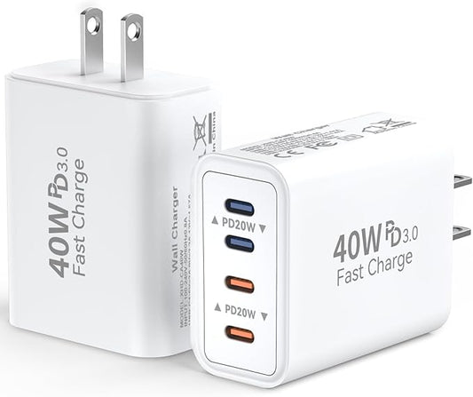 USB C Wall Fast Chargers Block, 40W 4-Port Type C Chargers Fast Charging Blocks PD Power Charger Adapter+QC 3.0 USB C Multiport Charger Brick for Phone 17/16/15/14/13/12 Pro Max, Pad, Galaxy S25/24