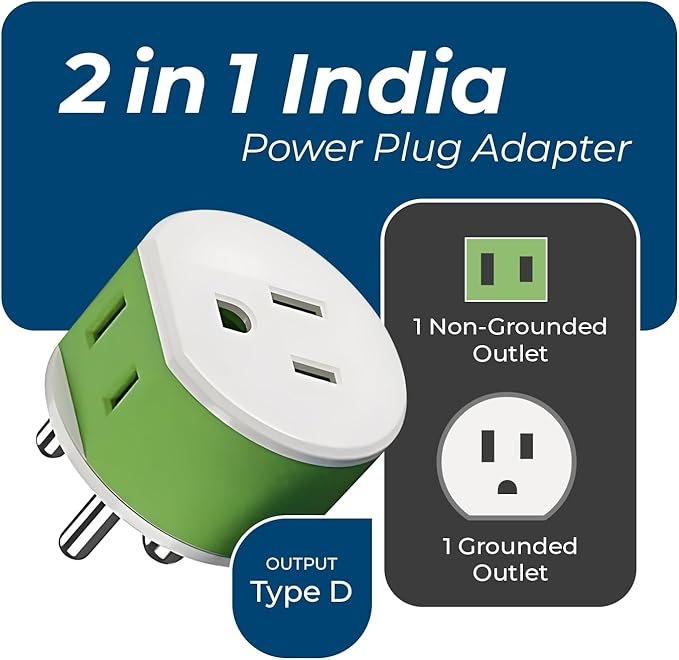 OREI India, Nepal, Maldives Power Plug Adapter with 2 USA Inputs - Travel 3 Pack - Type D (US-10) Safe Grounded Use with Cell Phones, Laptop, Camera Chargers, CPAP, and More