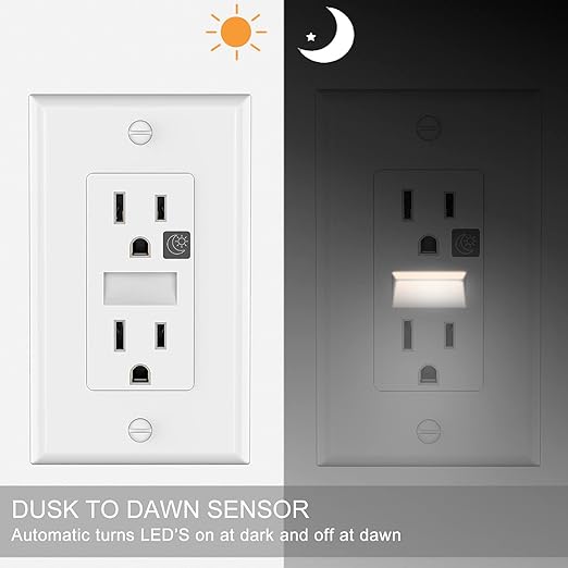 SOZULAMP LED Night Light Outlet-Easy to Install,Nightlight Electrical Outlets,Standard Duplex Receptacle,15A 125V,2 Pole 3 Wire,Self Grounding,Outlet Covers Included (Glossy White,2 Pack)