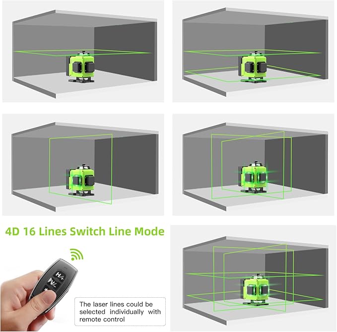 16 Lines Laser Level 360 Self Leveling, 4x360° 4D Green Beam Cross Line Lazer Level with 2 Batteries,360°Horizontal/Vertical Line Laser Remote Control for Tiling Floor Construction and Picture Hanging
