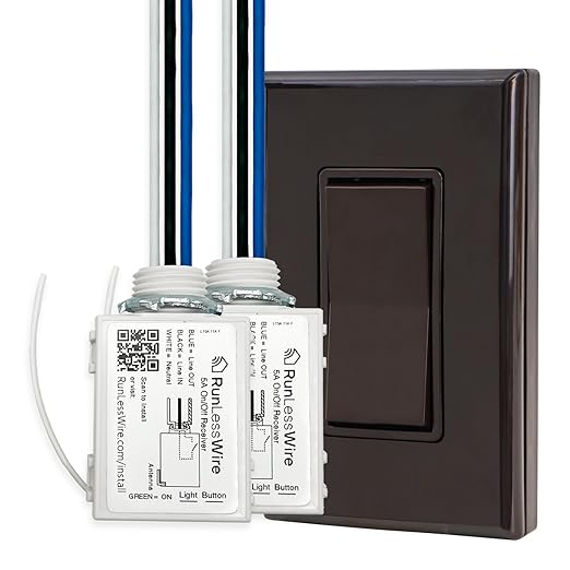 RunLessWire 2 Fixture Battery-Free DIY Kinetic Wireless Light Switch Kit 150ft RF Range for Different Fixtures or Outlets: 1 Remote Switch Controls 2 5A On/Off Receivers Simultaneously – Brown