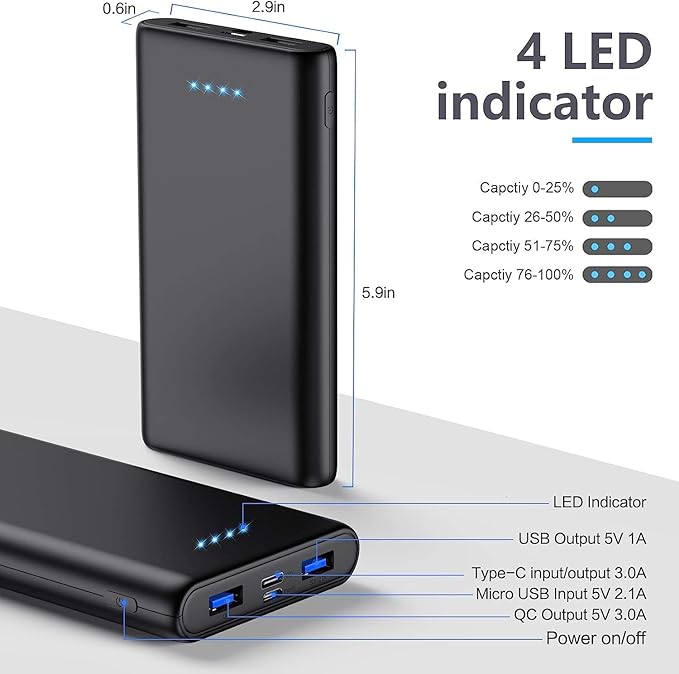 Portable Charger Power Bank 26800mAh, QC3.0 USB C PD Fast Phone Charging with Smart Intelligent Controlling IC, 3 Out & 2 Input External Cell Phone Battery Pack Compatible with iPhone,Android etc
