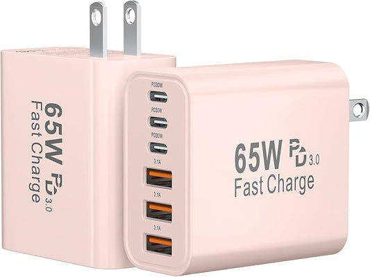USB C Charger Block, 65W GaN 6 Port USB C Fast Wall Charger 30W Type C Charging Blocks, 3USB C+3USB A PPS/PD 3.0 Multiport Charging Cube for iPhone 16 15 14 13 Pro Max,for Galaxy S25 S24,2 Pack,Pink