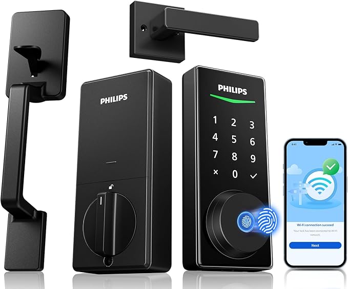 Philips WiFi Smart Lock + Door Handle Set, Built-in WiFi, APP Remote Control, Keypad Door Locks for Front Door, Fingerprint Unlock, Voice Control, Digital Deadbolt Smart Lock, Keyless Entry, Auto Lock