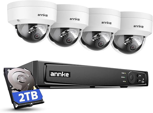 ANNKE 4K PoE Security Camera System with Audio, 12MP H.265+ NVR with 2TB HDD, 4x8MP Ultra HD IP Dome Cam, AI Smart Detection, 100ft Night Vision, IP67 Waterproof&IK08 VandalProof, Remote Access