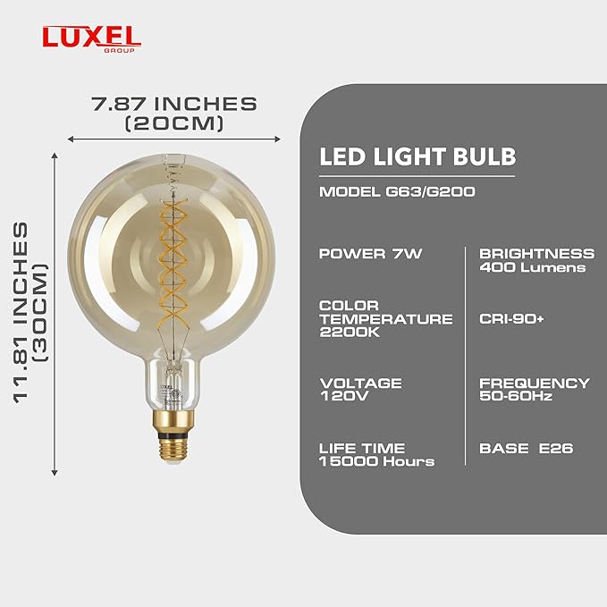 Oversized Edison LED Light Huge Bulb Vintage G63(G200) 7W Equivalent 40W - Dimmable 2200K Warm Amber Glow - 400 Lumens E26 Base - Large Filament Decorative Bulbs - 360° Beam (Golden Glass)