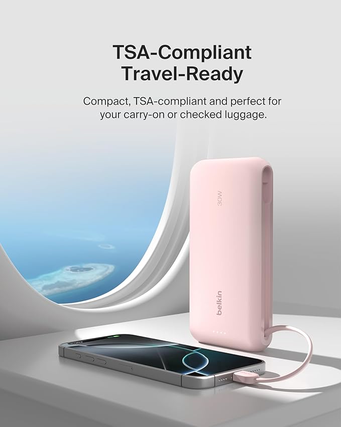 Belkin Portable Charger, Power Bank with Integrated Cable 20000 mAh 30W - Fast Charging USB C Power Delivery, iPhone Charger - iPhone 16 Series, iPad Pro, Galaxy S25 Series, & More - Pink