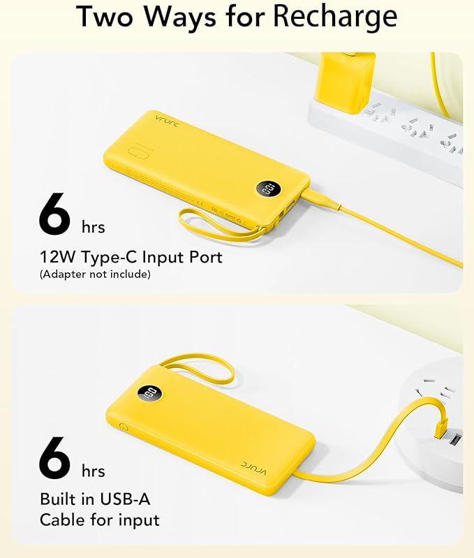 VRURC Portable Charger with Built-in Cables, 10000mAh LED Display USB C Power Bank, Slim Travel Battery Pack with 5 Output 2 Input Compatible with iPhone,Samsung,Android etc-Yellow(1 Pack)