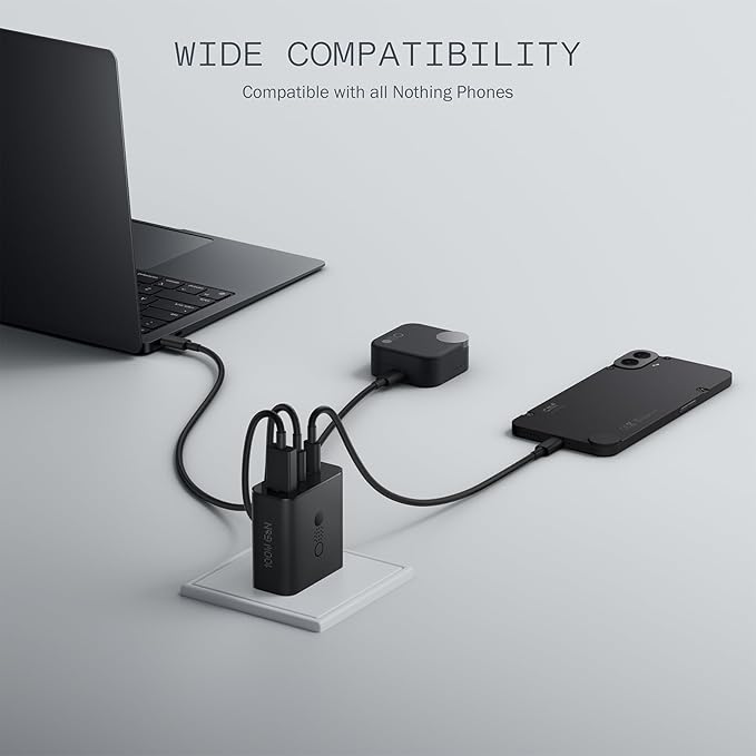 CMF USB-C Power Charger, 100W GaN Fast Charger, 3 Port Wall Charger for Nothing Phones MacBook Air and MacBook Pro-Dark Grey