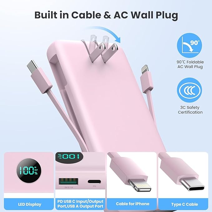 Portable Charger 13800mAh Slim USB C Power Bank with Built in Cables and Wall Plug,LCD Display Lightweight Travel Battery Pack,PD Fast Charging Compatible with iPhone 15,14,Samsung Android-Pink