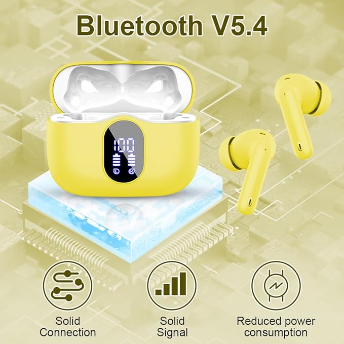 Wireless Earbuds, Bluetooth 5.4 Headphones Bass Stereo, Ear Buds with Noise Cancelling Mic LED Display, IP7 Waterproof in Ear Earphones, 36H Playtime for Laptop Pad Phones Sports Workout, Yellow