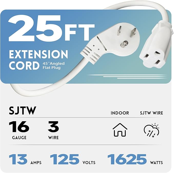 EP 25 Ft Flat Plug Extension Cord, 16 AWG 3 Prong Grounded White Low Profile Extension Cable for Indoor, UL Listed