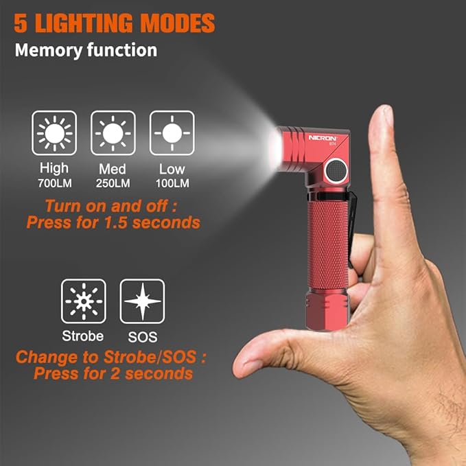 NICRON Flashlight, 700 Lumens 90 Degree Pocket Flashlight Rechargeable IP65 Waterproof 5 Modes for Camping, Outdoor, Hiking, Car Repairing, Red