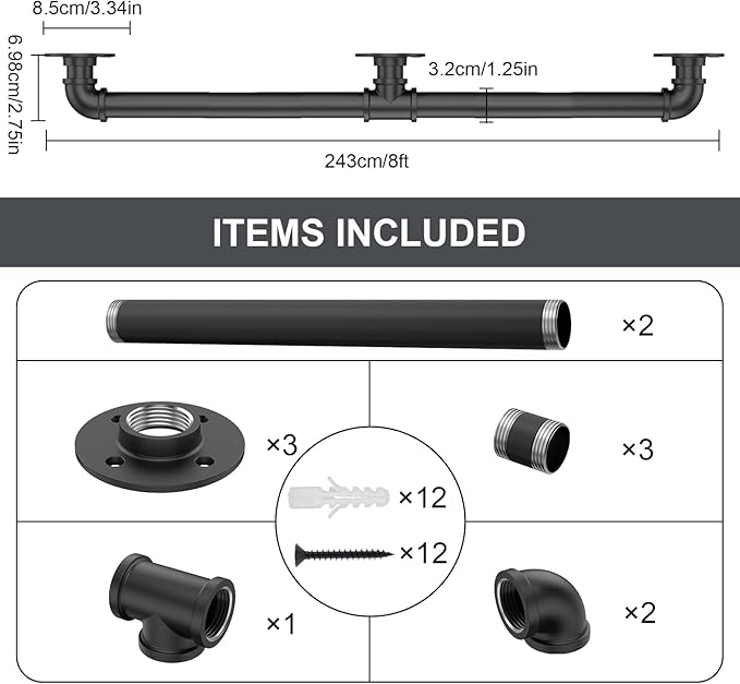 Willstar 8FT Industrial Staircase Handrail Non-Slip Pipe Bar Foot Rail Wall Mount Stair Rail Vintage Grab Bar for Steps Black Iron Pipe Handrail for Outdoor Indoor Stairs Loft Porch Hand Rail (8ft)