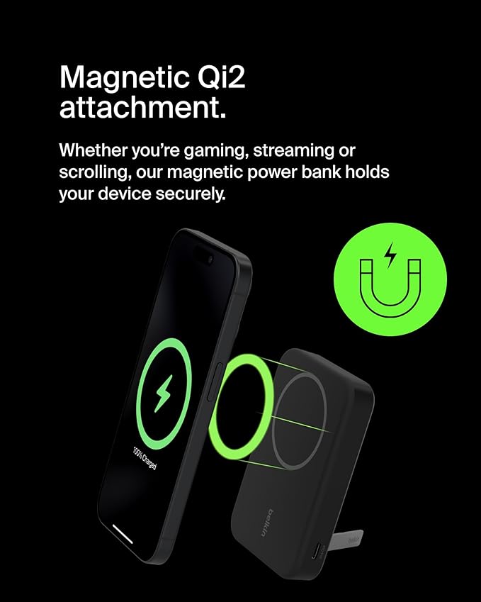 Belkin Portable Charger, Wireless Power Bank 15W 8000 mAh w/ Qi2 - MagSafe Charger w/Built-in Pop-up Kickstand - Compatible w/iPhone 16, 15, 14, 13, Plus, Pro, Max, Google Pixel 10, etc. - Black