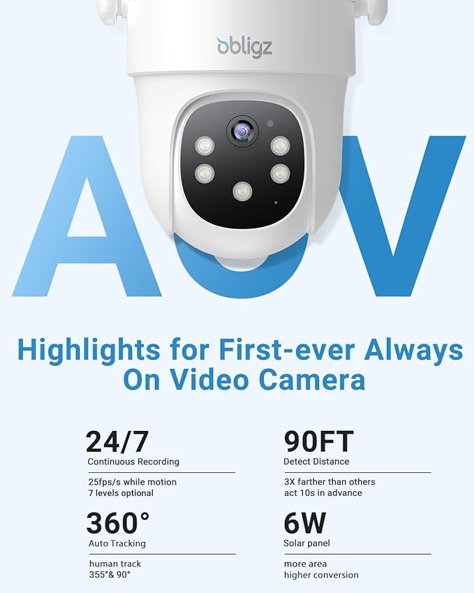AOV Security Camera Wireless Outdoor with 6W Solar Panel,24/7 Recording Camera for Home Security, WiFi 6, 2K Solar Cameras Outdoor Wireless, 360°PTZ with Night Vision,Auto Tracking