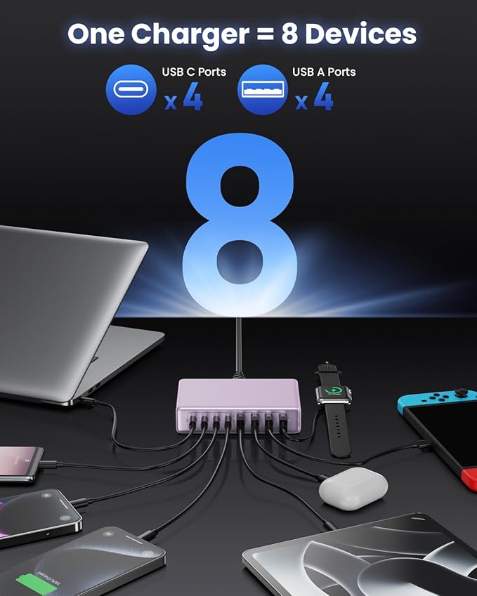 200W USB C Charger Block,GaN IV Charging Station 8 Ports,QC4.0 Fast Charging Station Hub+PD 65W USB C Laptop Charger Adapter Compatible with MacBook Air/Pro,DELL,iPhone 16/15,iPad,Steam Deck-Purple