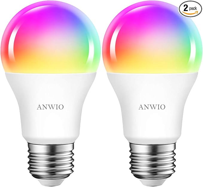 ANWIO 2-Pack Smart Light Bulbs 8.5W (60W Replacement) A19 E26 LED Bulb Work with Alexa, Google Assistant, Smart Life App, Tuya App, Color Changing, No Hub Required