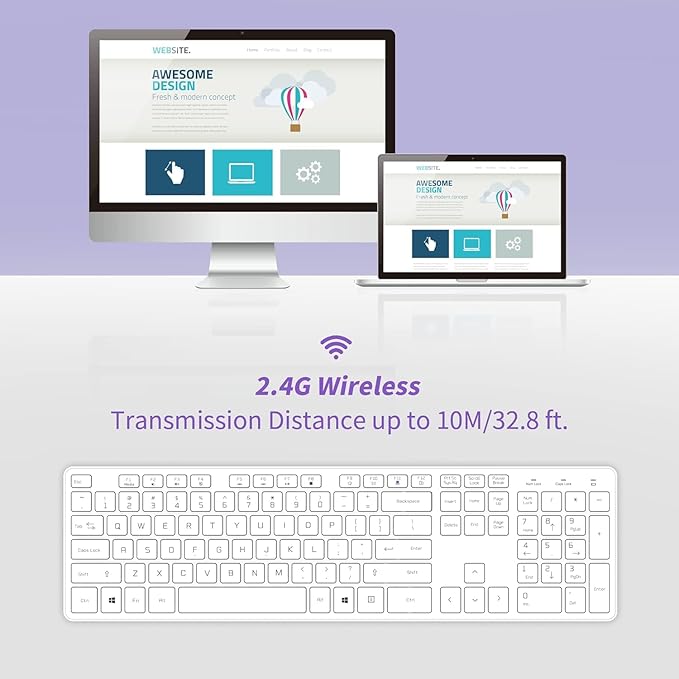 Slim Quiet Wireless Keyboard for Mac and Windows,Durable Flat Keyboard with Full Size Ultra Quiet Low-Profile Flat Keys, 2.4GHz Wireless for Mac,Windows 11/10/8/7/Vista,Microsoft & PC, White