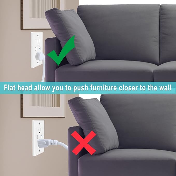 [1 Pack] Flat Wall Plug Short Power Extension Cord - 6inch Mini White Low Profile Flat Head Small Appliance Power Supply AC Cord, 1625W 16AWG Household 3 Prong Indoor Grounded Short Extension Cord