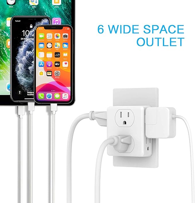 Outlet Extender, HICITY Multi Plug Outlet with 6 Electrical Outlets Adapter, 3-Prong Wall Outlet Tap for Cruise Ship Home Office Dorm, White (1 Pack)
