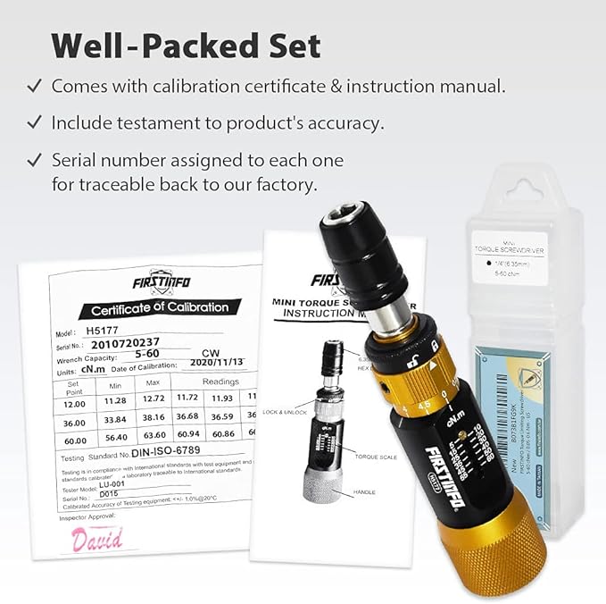 FIRSTINFO H5177 Ultra Precision Certified Torque Limiting Screwdriver 5-60 cNm (0.05-0.6 Nm), 1/4 Inch Universal Hex Quick Release Bit Holder