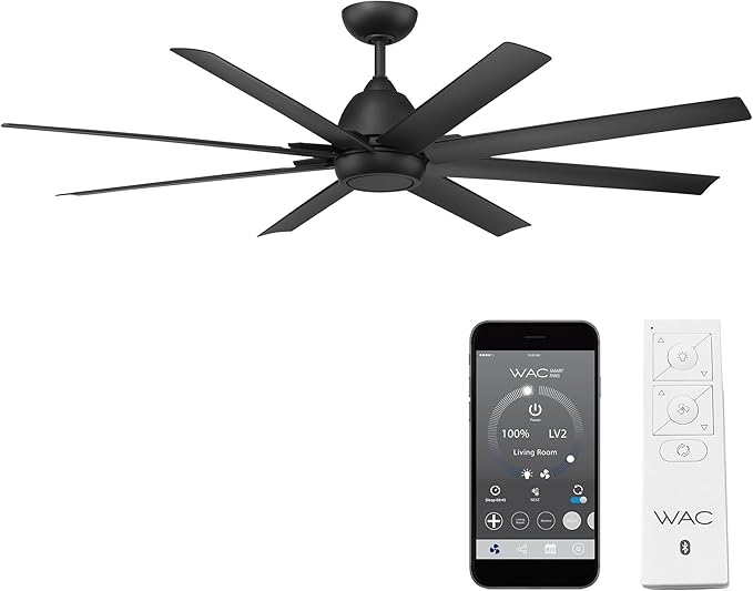 WAC Smart Fans Mocha XL Indoor and Outdoor 8-Blade Smart Home Ceiling Fan 66in Matte Black with Remote Control works with Alexa and iOS or Android App (NO LED LIGHT KIT)