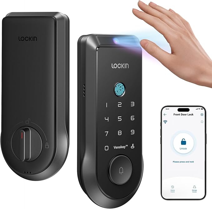 Lockin Veno Smart Lock with Palm Vein, Keyless Entry Smart Locks for Front Door with Doorbell, Fingerprint Lock Built-in WiFi, App Remote Control, 7-Month Battery Life, IP65 Waterproof