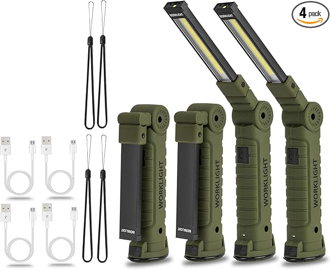4 Pack LED Rechargeable Flashlight, Mechanic Tools Trouble Light Cordless Worklight with Magnetic Base 360°Rotate 5 Modes,Portable Inspection Troch for Mens Gift,Automotive,Camping and BBQ