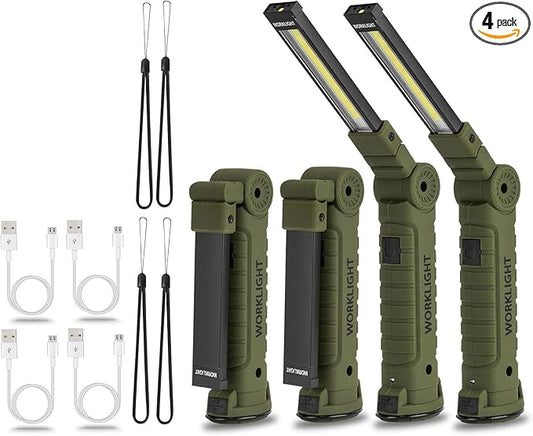 4 Pack LED Rechargeable Flashlight, Mechanic Tools Trouble Light Cordless Worklight with Magnetic Base 360°Rotate 5 Modes,Portable Inspection Troch for Mens Gift,Automotive,Camping and BBQ