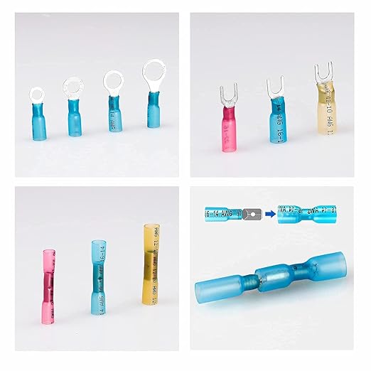 Kuject 720PCS Heat Shrink Wire Connectors Kit, Electrical Waterproof Crimp Butt Terminals, Insulated Spade Connectors for Automotive Marine Boat Truck, Include Rings Forks Spade Butt Splices