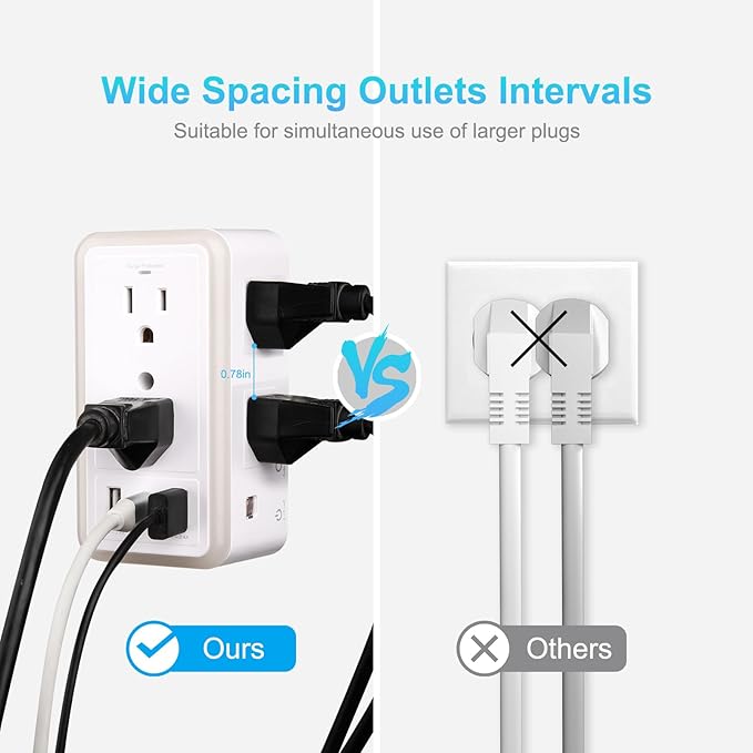 Surge Protector, Multi Plug Outlet Extender with Night Light for Home, Office, School, 6-Outlet Splitter and 3 USB Ports(1 USB C), Wall Charger Power Strip, FCC Listed