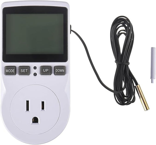 110V Digital Temperature Controller, LCD Screen Heating Cooling Thermostat Outlet Socket with Sensor Timer Regulator for Reptile Incubator Greenhouse Brewing Refrigerator