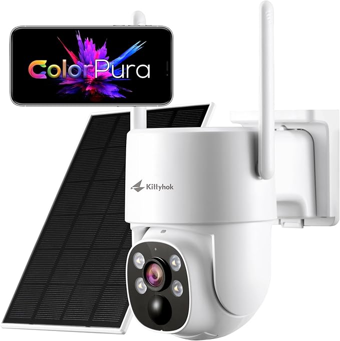 Kittyhok 【ColorPura】 PTZ Solar Security Camera Outdoor Wireless, Pro True Color Night Vision, Solar Powered, 2K FHD, Human Detection, 2 Way Audio, IP66 Weatherproof, Local Recording for Home Security