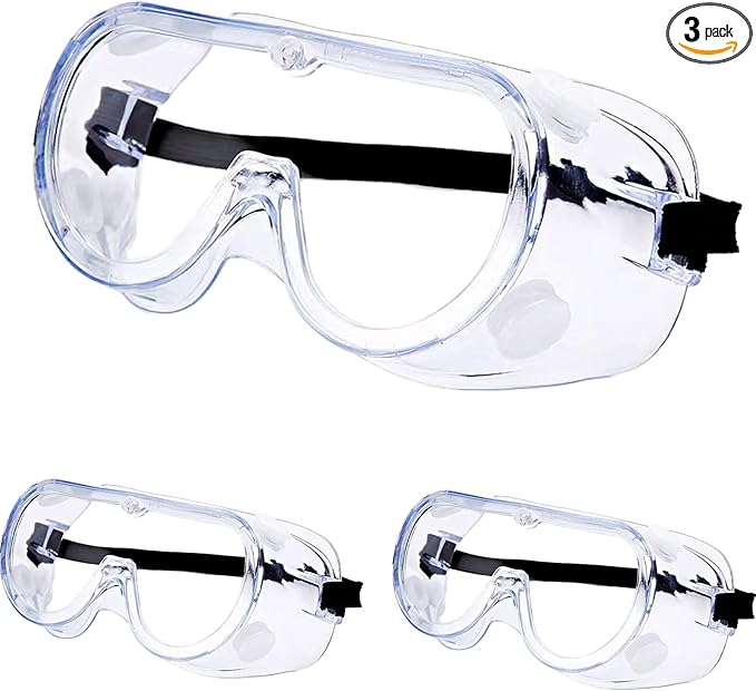 3 Pack Safety Goggles Anti-Fog Protective Adjustable Goggles Over Glasses Splash Eye Protection Adjustable For Lab Construction Worker Onion Cutting Clear Lens Eyewear Black