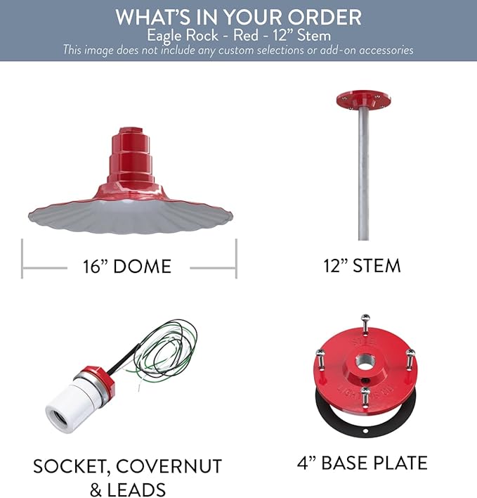 Steel Lighting Co. Eagle Rock Pendant | Ceiling Mounted Light | 16 inch Radial Wave | 12 inch Stem | Heavy Duty Steel Retro Farmhouse Style Made in America | Red Exterior/White Interior