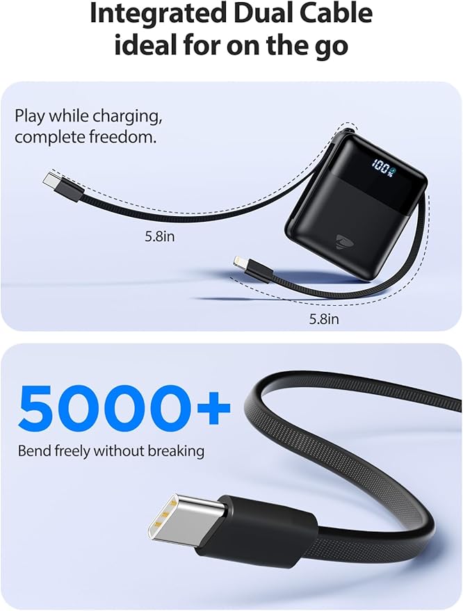 Aioneus Portable Charger 10000mAh, 22.5W Power Bank Fast Charging, Battery Pack with Built-in USBC Cables, Small Portable Charger Power Bank for iPhone 17/16/15/14/13/12, Samsung S25/S24/S23, Android