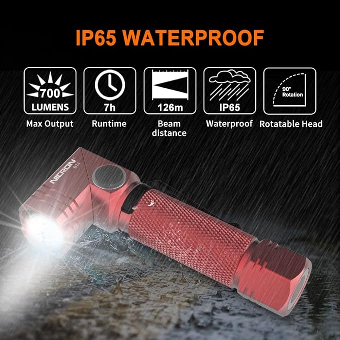 NICRON Flashlight, 700 Lumens 90 Degree Pocket Flashlight Rechargeable IP65 Waterproof 5 Modes for Camping, Outdoor, Hiking, Car Repairing, Red