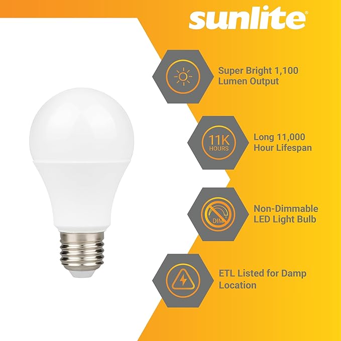 Sunlite 80862-SU LED A19 Light Bulb, Non-Dimmable 12 Watt (75W Equivalent), 1100 Lumens, Medium (E26) Base, ETL Listed, 4000K Cool White, 3 Count