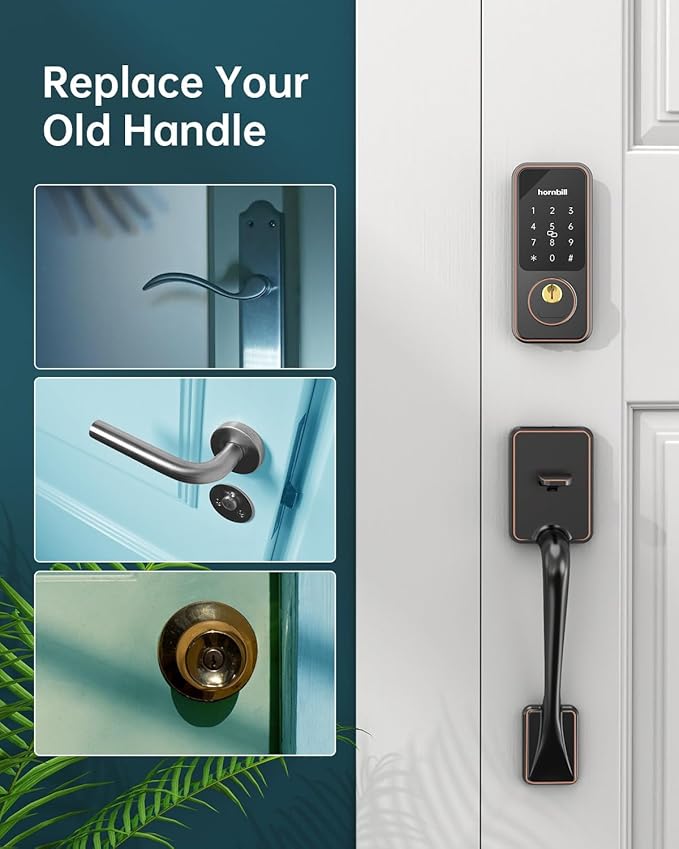 Front Door Lock Set Keyless Entry: Keyless Entry Smart Deadbolt with Handle Set, Hornbill Keypad Electronic Door Lock with Handles, APP/Bluetooth/Auto Lock/Keyfobs/Keys, Oil Rubbed Bronze
