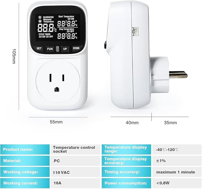 KABASI Digital Temperature Controller, Only Fahrenheit Dispaly Heavy Duty 15A Thermostat Outlet with Sensor, Heating Cooling Control Timer Plug Socket for Greenhouse Refrigerator Terrarium Aquarium