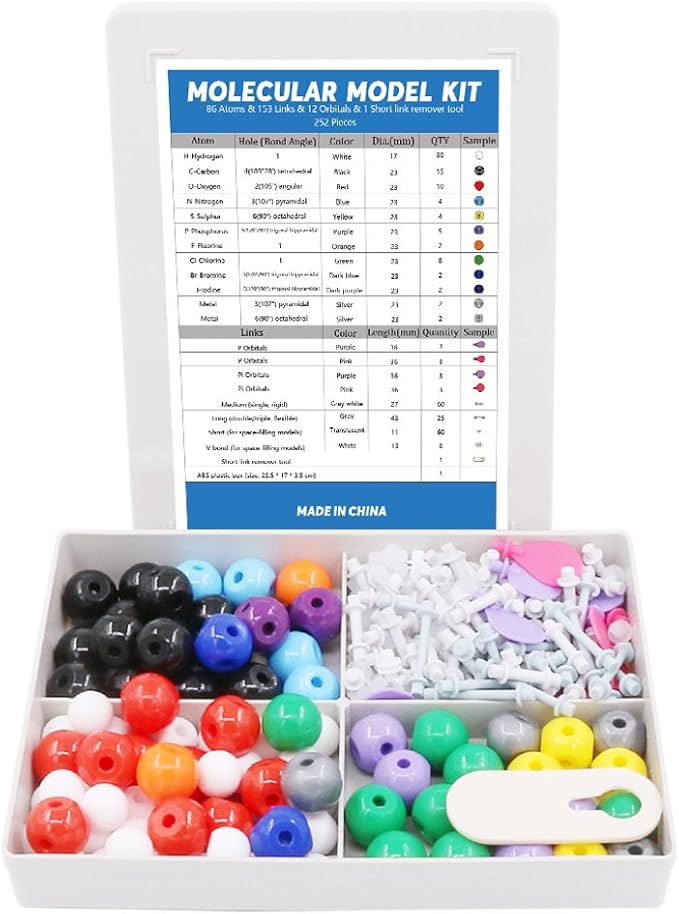 Swpeet 252 Pcs Molecular Model Kit for Inorganic & Organic Molecular Model Teacher and Student Kit - 86 Atoms & 153 Links & 12 Orbitals & 1 Short Link Remover Tool