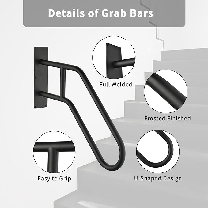 Handrails for Outdoor Steps,Stair Railing Indoor1-3 Step,Porch Railing & Deck Hand Rail Wall MountStair Hand Grab Bars,U-Shaped Safety Handrails