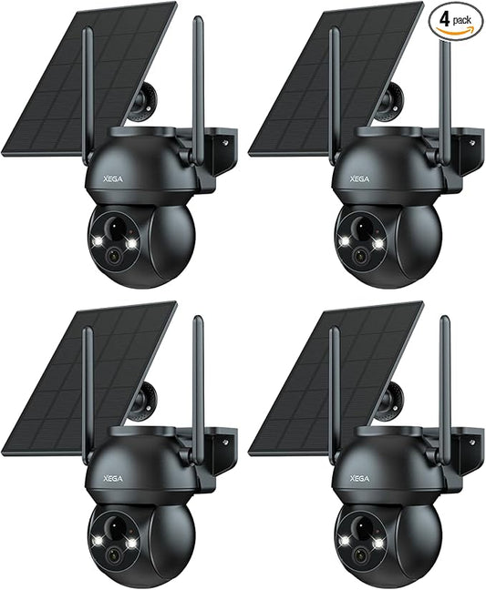 Xega 4 Pack Solar WiFi Camera Outdoor Wireless, 2K PTZ Security Camera with Rechargeable Battery, Color Night Vision, PIR Motion Detection, 2-Way Audio Spotlight & Siren, TF/Cloud Sttorage IP66