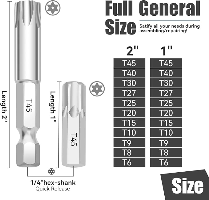 22 Piece Security Torx Bit Set (T6-T45), 1/4 Inch Hex Shank S2 Steel Magnetic Tamper Proof star screwdriver bit set, 1" and 2" Long
