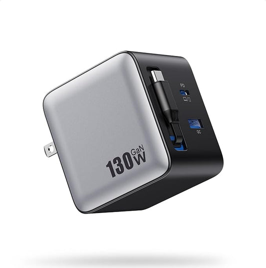 130W USB C Charger Built-in Retractable Cable,Upgraded GaN IV 3 in 1 Fast Charging Station Foldable Plug Wall Charger,PD PPS 65W Laptop Adapter for MacBook Pro/Air,iPad,iPhone 16/Pro,Galaxy S25,Dell