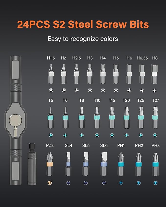 24 in 1 Magnetic Ratchet Screwdriver Set, DIY Mini Screwdriver Set, Multi Bit Magnetic Drive Set with Detachable Ratchet Handle, Portable Precision Repair Tool Kit for Furniture Computer Bicycle