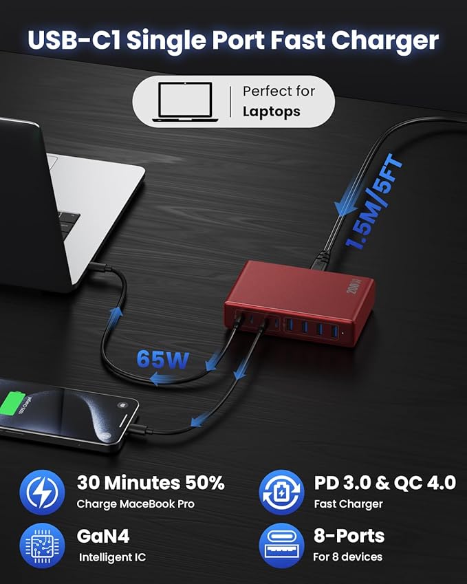 200W USB C Charger Block,GaN IV Charging Station 8 Ports,QC4.0 Fast Charging Station Hub+PD 65W USB C Laptop Charger Adapter Compatible with MacBook Air/Pro,DELL,iPhone 16/15,iPad,Steam Deck-Red
