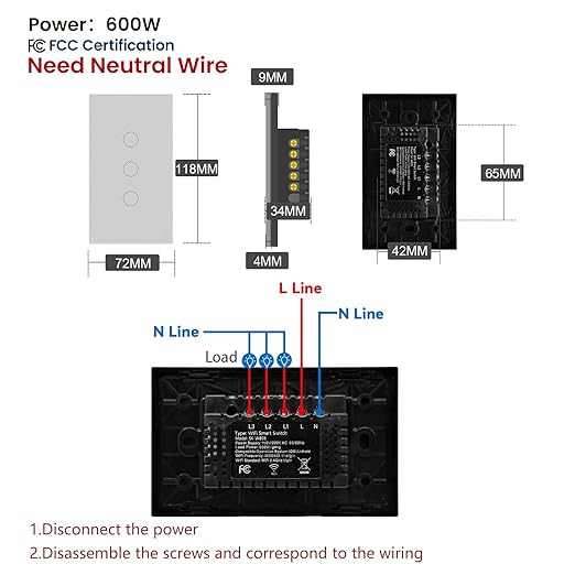 Smart Light Switch 3 Way Need Neutral Wire,FCC Certified,2.4GHz WiFi Switch Glass Panel APP Control Timer Work with Tuya/Smart Life,Alexa and Google Home,Grey 3 Gang